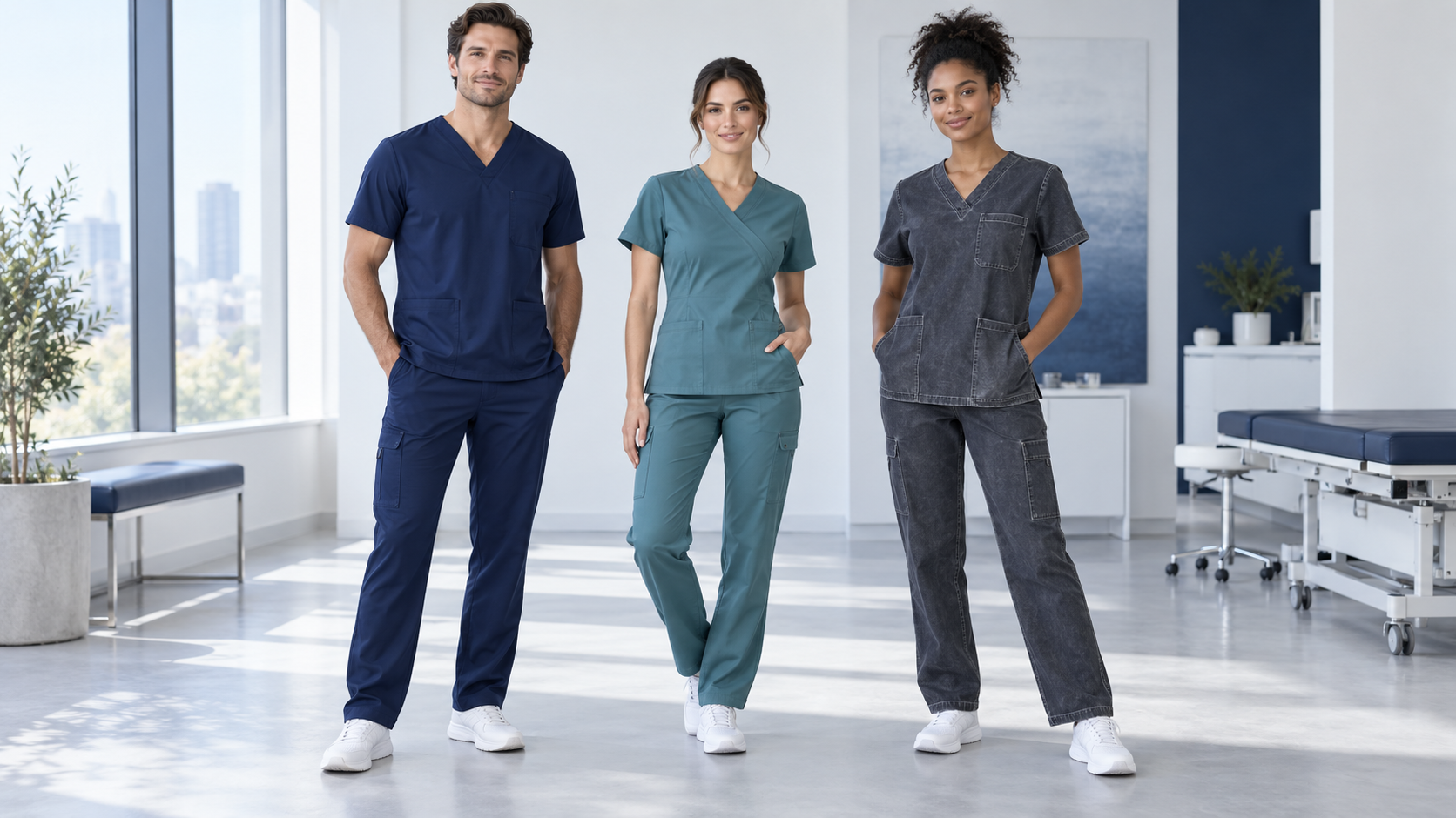 Healthcare professionals wearing navy, teal and faux-denim medical uniforms